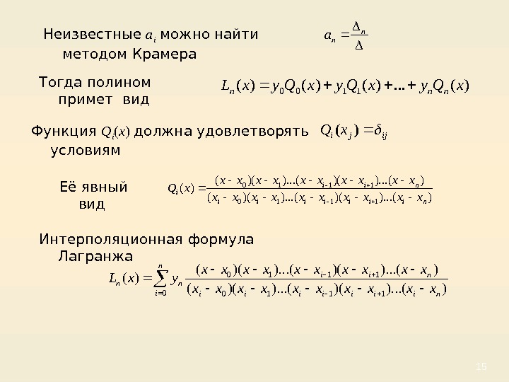 15 Неизвестные a i можно найти методом Крамера Функция Q i ( x )